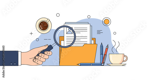 Document Review Analysis with Magnifying Glass and Coffee Cup Illustration