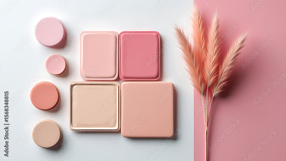 Fototapeta premium Aesthetic Arrangement of Makeup Products and Pampas Grass Showcasing Soft Pastel Hues and Elegant Presentation for Beauty and Lifestyle Content