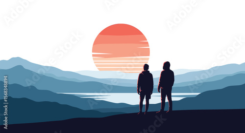 Two Silhouetted Adventurers Observe a Vast Mountain Landscape Under a Pixelated Sunrise with a Serene Lake Below