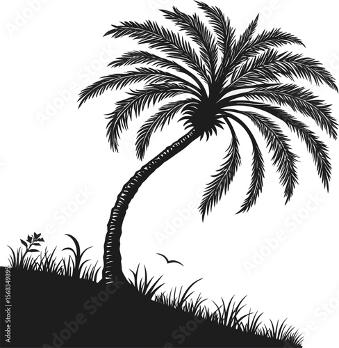 Vector art of tropical palm tree silhouette on a hillside isolated on white background