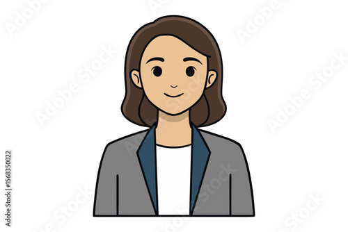Professional Woman Icon: A friendly-looking woman with shoulder-length brown hair, wearing a grey blazer and white top, provides a professional and approachable image, perfect for business profiles. 