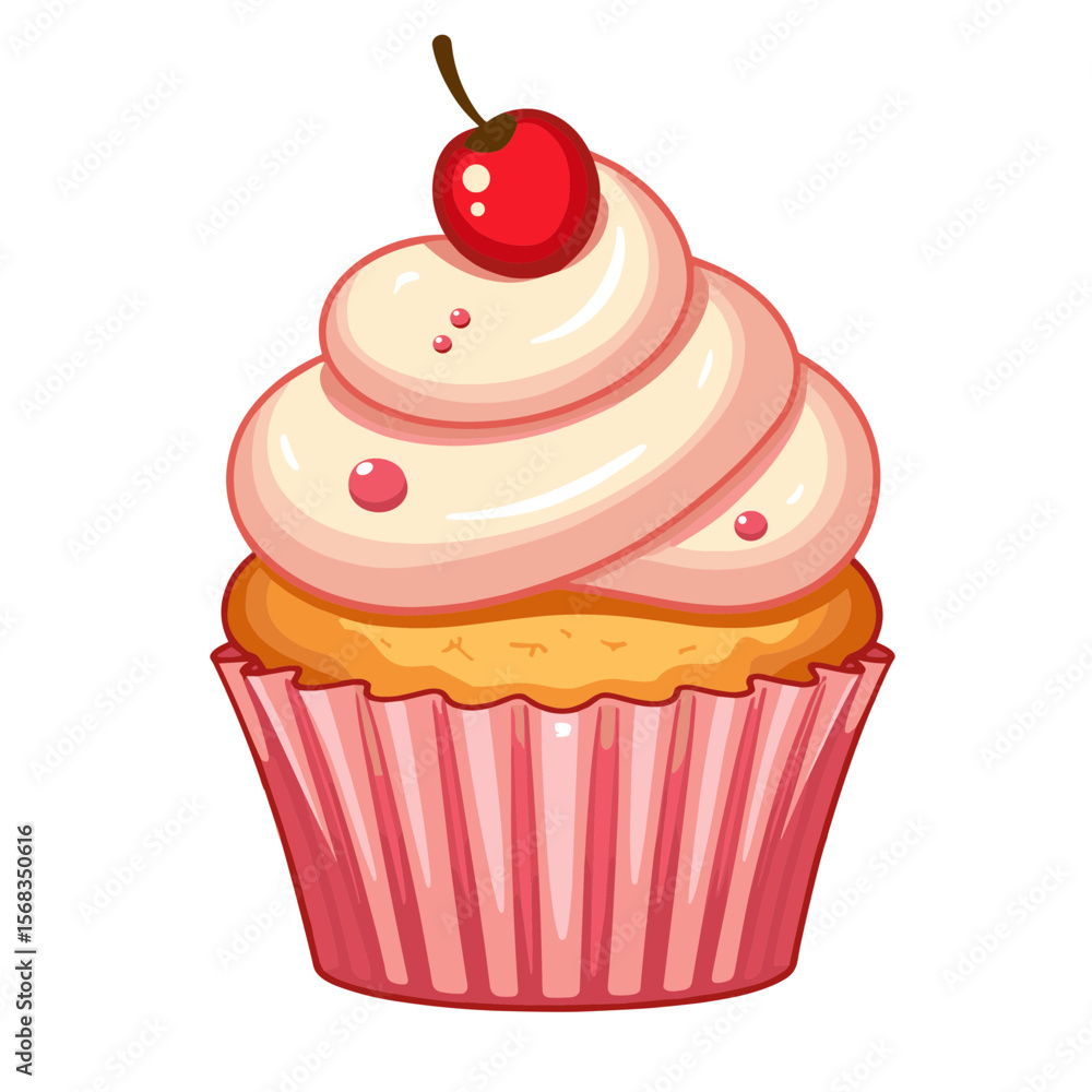 Cupcake with pink icing and cherry on top in a striped wrapper Cupcake with pink icing and cherry on top in a striped wrapper