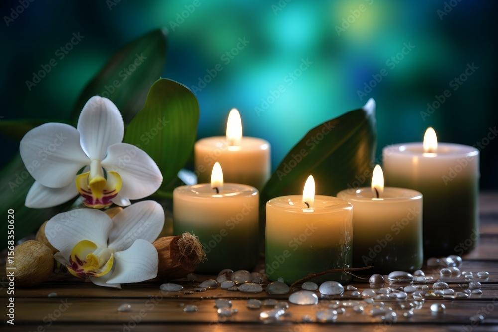 Five burning candles and white orchid flowers with green leaves on a wooden surface create a relaxing spa ambiance Five burning candles and white orchid flowers with green leaves on a wooden surface create a relaxing spa ambiance