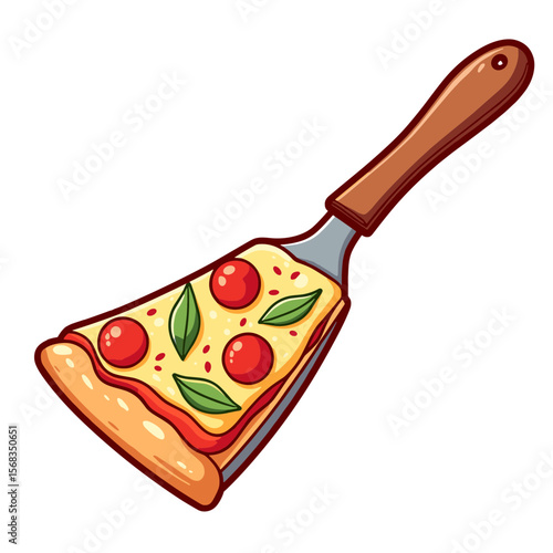 Pizza slice on spatula with tomatoes and basil for bakery design  