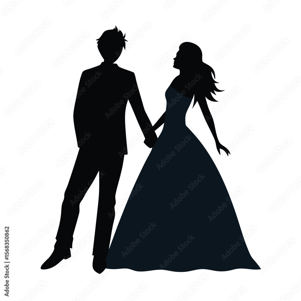 Elegant Silhouette of a Couple Holding Hands Bride in a Graceful Dress Groom in a Classic Suit Eternal Love Elegant Silhouette of a Couple Holding Hands Bride in a Graceful Dress Groom in a Classic Suit Eternal Love