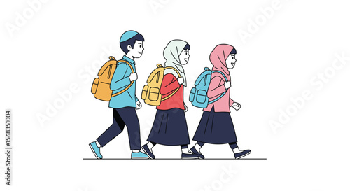 Three diverse children with backpacks walking together as they head to school for their education