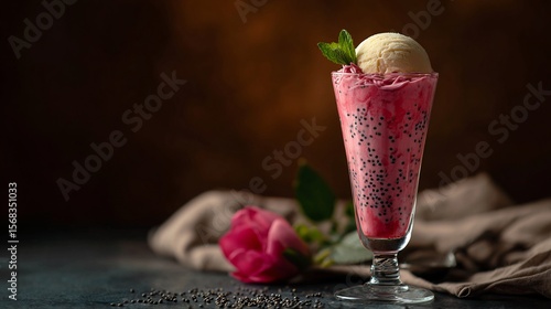Pakistani falooda basil seeds ice cream noodles and rose syrup in tall glass top down dessert setting