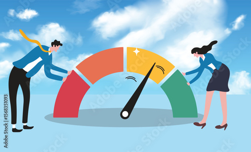 Performance rating, risk management or employee survey score, evaluation or grade assessment, employee engagement, credit score, productivity concept, business people help push measuring gauge scale