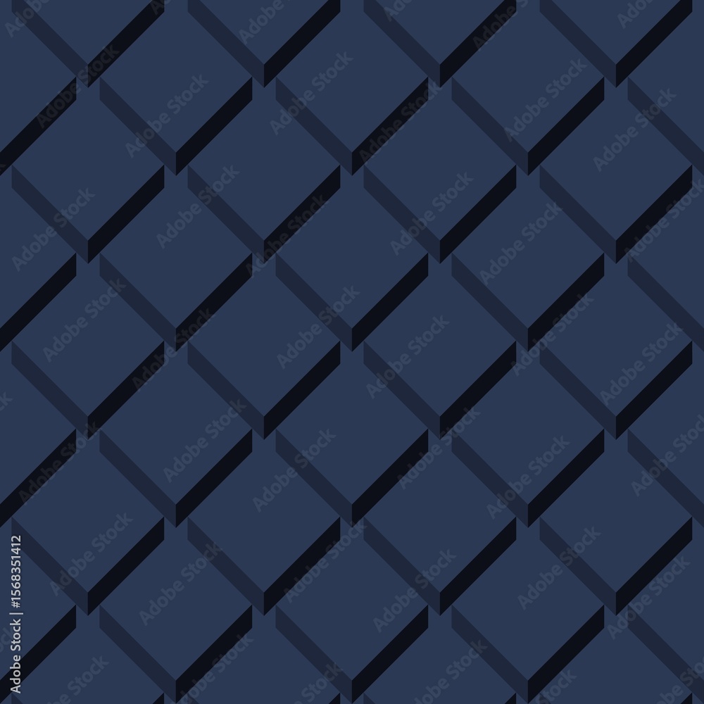 Fototapeta premium A geometric pattern features a series of interlocking diamond shapes in shades of blue. The consistent repetition and shading provide a sense of depth and symmetry.