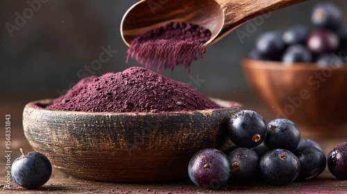 acai berry powder falling from wooden spoon into rustic bowl with fresh purple berries on wooden table healthy superfood supplement concept in natural lighting for nutrition and wellness themes