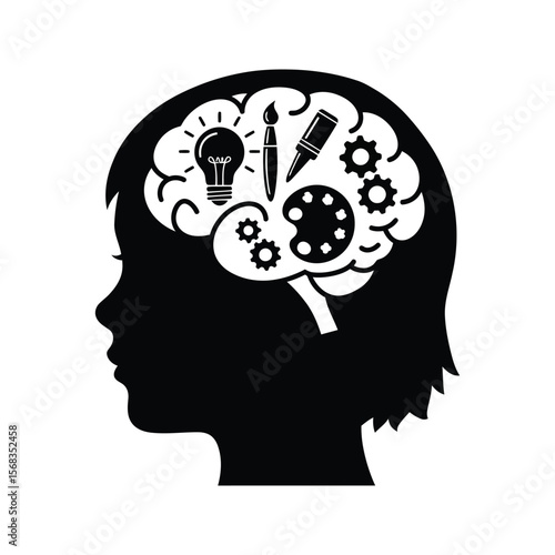 Childs Brain with Creativity Icons Ideas Art Supplies Gears Innovation