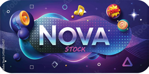 Vibrant 3d illustration with the word nova stock in bold white letters against a purple and blue gradient background with playful elements