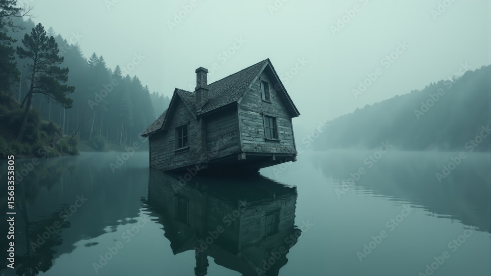 Fototapeta premium Mysterious blue house surrounded by fog over tranquil lake at dawn