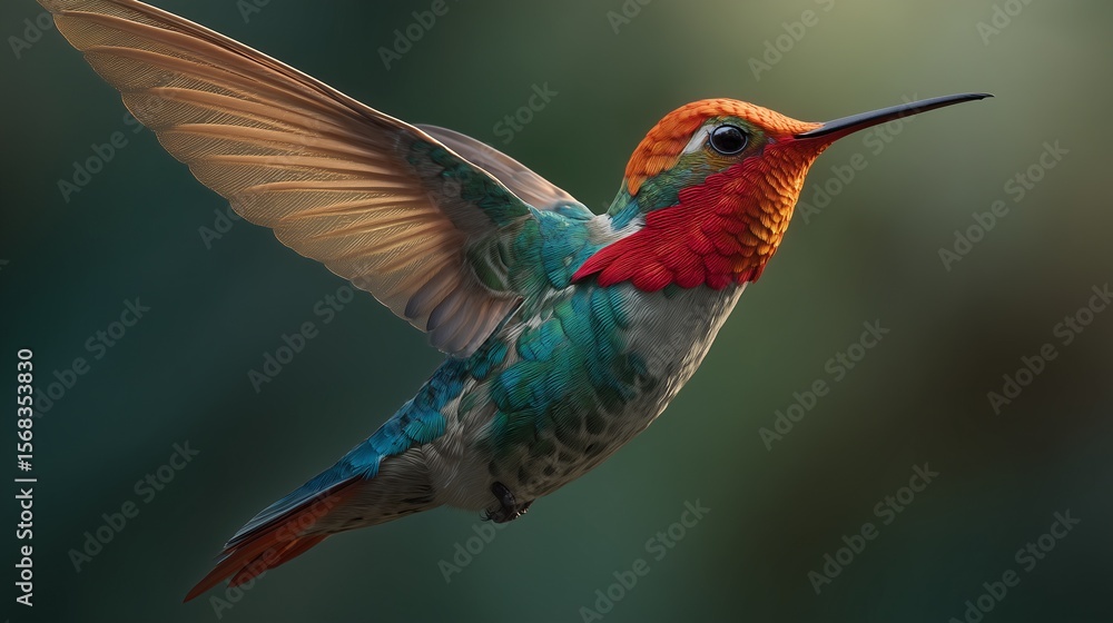 Fototapeta premium A radiant hummingbird mid-flight, wings a vibrant blur of motion