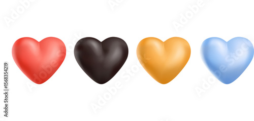 Collection of heart illustrations, Love symbol icon set, love symbol vector. 3D render of red heart, black, golden