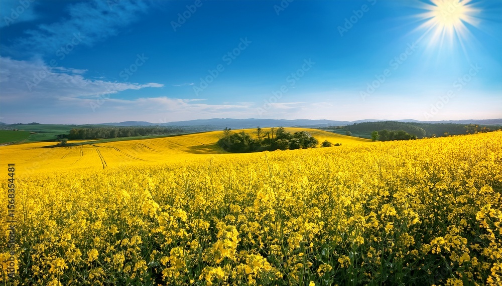 Obraz premium golden rapeseed fields bathed in the warm summer sun vibrant yellow blossoms stretching to the horizon a picturesque landscape of rural tranquility and abundant nature flowers bright daylight