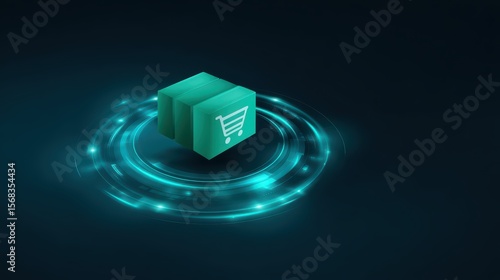 Fototapeta Naklejka Na Ścianę i Meble -  Abstract 3D Illustration of Shopping Cart Icon Over Floating Cube in Futuristic Digital Environment