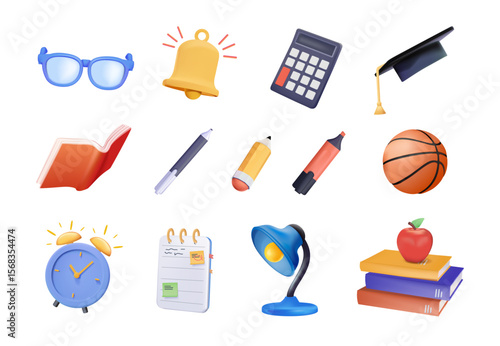 Children's school elements 3D render vector illustration collection. Books, stationery, textbooks and notebooks. School