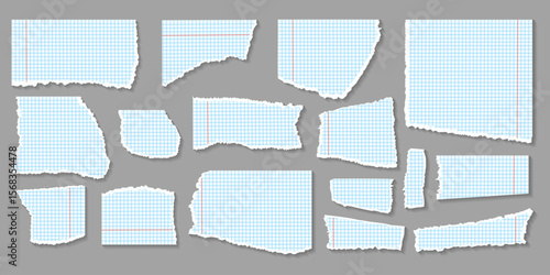 A collection of torn paper with blue and red lines. The paper is in various sizes and shapes, and the lines are jagged and uneven. Concept of chaos and disarray