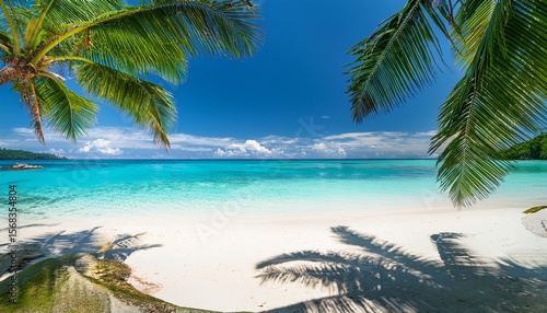 crystal clear turquoise water gently laps against the pristine white sand beach framed by lush green palm leaves creating a serene and idyllic tropical paradise