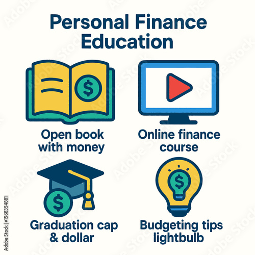 Illustrative icons representing personal finance education, including a book, online course, graduation cap, and lightbulb.