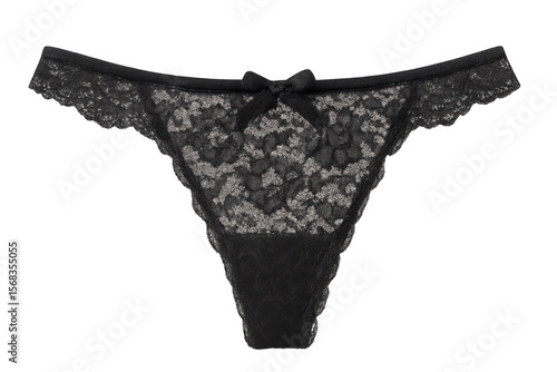 Black lace panties featuring delicate bow detail, showcasing elegant lingerie design against transparent backdrop