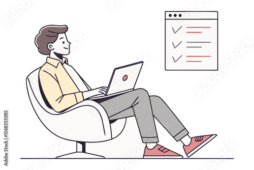 Workday Contemplation: A man sits comfortably, engaged with his laptop, eyes alight with focus, a detailed task list to his right indicating a thoughtful approach to his work.