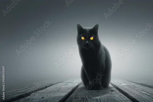 A striking black cat with intense, glowing amber eyes sits centered on a weathered wooden floor, surrounded by a soft, moody gray fog.