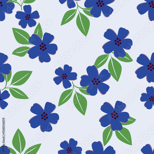 Modern and bold vector seamless pattern with large scale pink flowers on dark blue background. Hand-drawn in doodle style. Textile, background, packaging.
