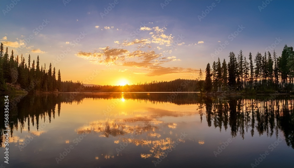 Fototapeta premium majestic sunset reflection over serene lake surrounded by trees