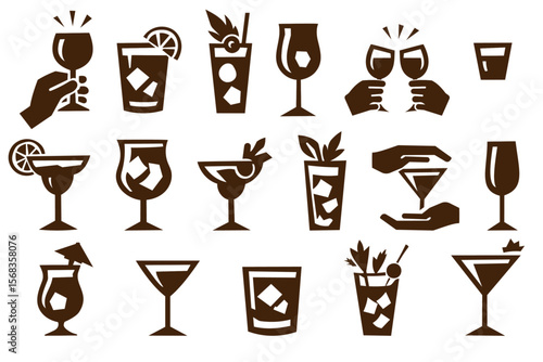 Set of minimal drink icons in monochrome style, assorted cocktail glasses with ice and garnish