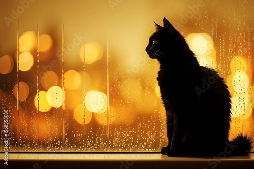 A black cat sits by a rain-speckled window, gazing out at a dreamy golden cityscape blurred by warm bokeh lights.