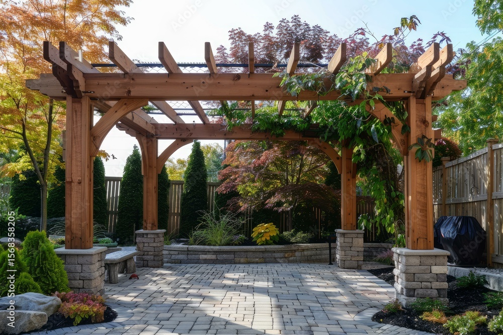 Naklejka premium Luxurious wooden pergola structure in a private backyard garden with climbing vines, creating a relaxing outdoor space