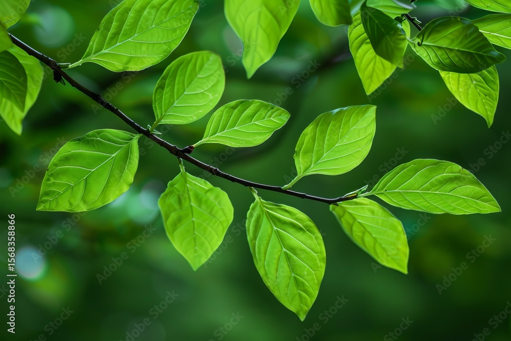 Fototapeta premium Vibrant green leaves thriving on a branch, illuminated by the warm spring sunlight, creating a refreshing natural scene