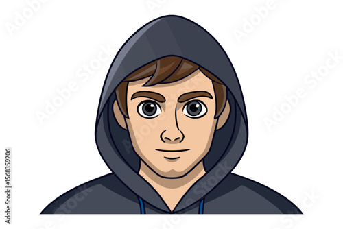 Portrait in Hooded Attire: A striking cartoon portrait captures a young individual in a dark hooded sweatshirt, his gaze direct and engaging, set against a clear background.