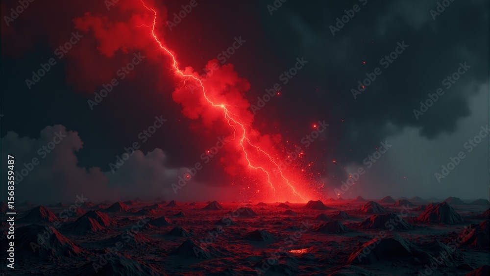 Fototapeta premium Fiery lightning strikes over a desolate landscape under ominous storm clouds at twilight