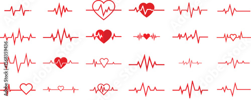 Heart rhythm set, Electrocardiogram, ECG - EKG signal, Heartbeat vector illustration on white background.