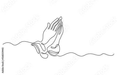One line drawing praying hand worship religious vector illustration template design, Hand in Praying position or in Cultural Greeting Form Continuous one line drawing.
