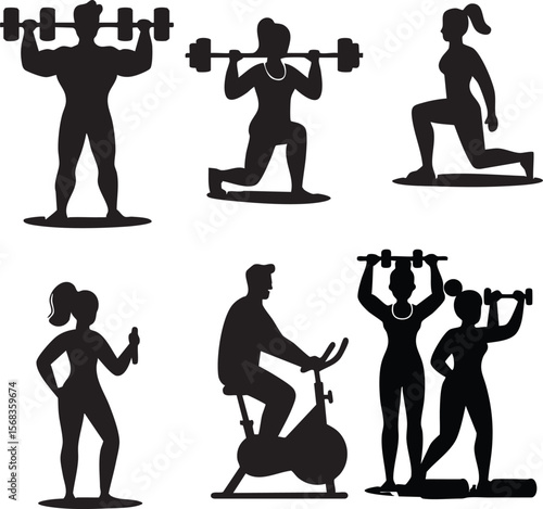 Diverse group of people performing various strength training and cardio exercises in a gym setting