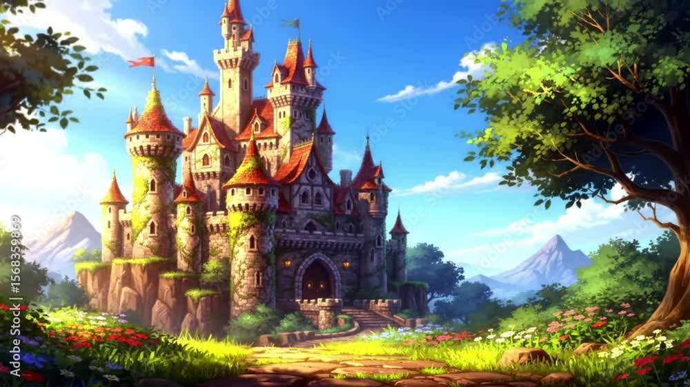custom made wallpaper toronto digitalEnchanting Fantasy Castle on Cliff with Lush Garden, Snowy Mountains, and Blue Sky. 