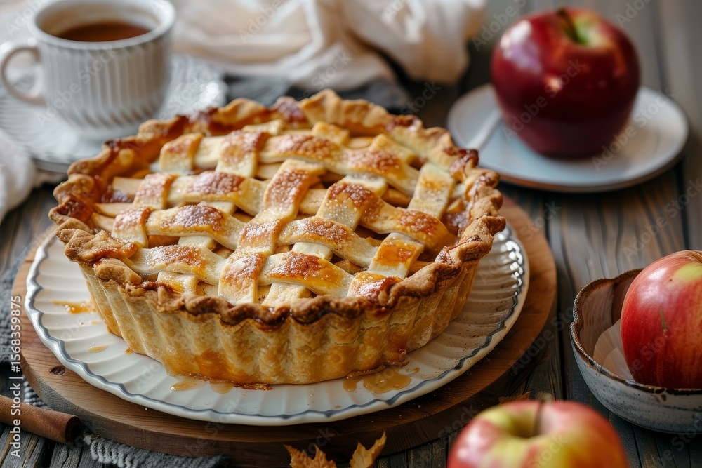 Freshly baked apple pie sits on a plate, surrounded by ripe apples, creating a cozy autumnal scene Freshly baked apple pie sits on a plate, surrounded by ripe apples, creating a cozy autumnal scene
