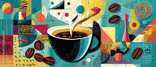 Fototapeta Naklejka Na Ścianę i Meble -  Abstract coffee art with vibrant geometric shapes and coffee beans Modern artistic design of coffee cup with steam, perfect for cafe or restaurant decor