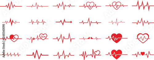 Red heartbeat line collection with heart symbol, healthcare clipart vector illustration.