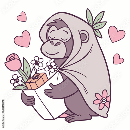 Whimsical Gorilla feeling Bashful in a Mother’s Day setting with wrapped in a blanket – colored in Mom’s Garden