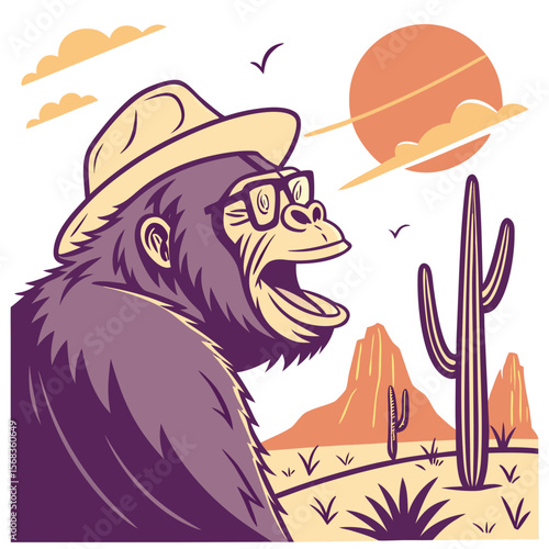Charming SVG of a Excited Gorilla featuring wearing glasses, styled in a Desert sunset theme with Sundown Glow hues