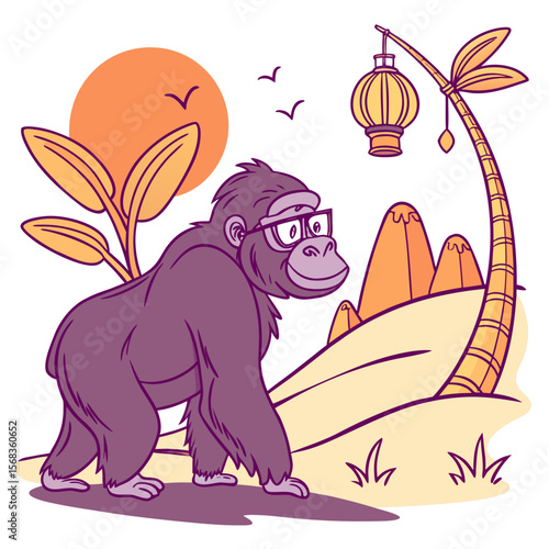 Charming SVG of a Excited Gorilla featuring wearing glasses, styled in a Desert sunset theme with Sundown Glow hues