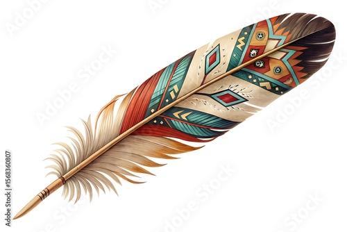 Ornate native american style feather with geometric patterns isolated on white background