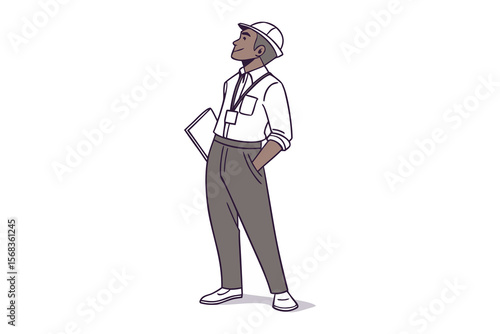 Construction Inspection: An architect stands attentively, donning a helmet and holding a clipboard, and surveying the construction site, his posture a testament to his attention to detail.