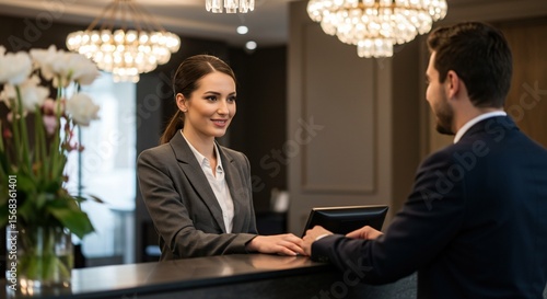 Smiling Hotel Receptionist Assisting Guest at Front Desk with Chandelier Lighting