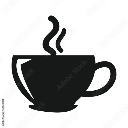Simple black silhouette of a steaming hot coffee cup on a white background.